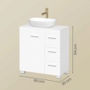 Mueble de baño bajo lavabo 30 x 60 x 64 cm con patas, puertas y tres cajones con tiradores plateados en color blanco brillante 8