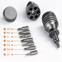 Multifunctionele 7-in-1 metalen set met een mini-schroevendraaier en zes bits opgeborgen in de handgreep met een magnetische dop en antislip-afwerking 3