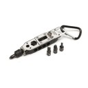 Multifunctionele zakschroevendraaier met karabijnhaak en 4 bits, blikopener en opbergruimte voor bits, geschikt voor fietsen, kamperen of reparaties in het veld 1
