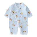 Mušelín katoen jumpsuit voor pasgeborenen met lange mouwen en V-hals Blauw unisex jumpsuit met hondenmotief en strikopeningen 1