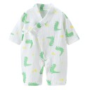 Musselin Baumwoll Overall für Neugeborene mit langen Ärmeln und V-Ausschnitt Weißer Unisex Overall mit grünem Dinosaurier-Motiv und Schnürschlitzen 1