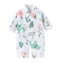 Musselinen katoenen overall voor pasgeborenen met lange mouwen en V-hals Witte unisex overall met bloemen- en berenmotief en strikopeningen 1