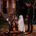Nafukovací strašidelný dům s duchy Stojící balónek Halloweenská dekorace 152 x 109 cm Černooranžový s nápisem Halloween Párty výzdoba 2