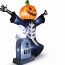 Nafukująca dekoracja halloweenowa Głowa dyni z duchem i nagrobkiem Wysokość 2,4 m Z oświetleniem Wtyczka EU Pomarańczowa i czarna Do ogrodu 6