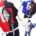 Naisten bomber-takki hiphop-tyylillä Kaksivärinen design Painatus muotokuvasta selässä Nauhat hihoissa Löysä leikkaus Polyesteri 4
