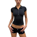 Naisten crop top -polo musta malli V-pääntiellä, kauluksella ja napilla, polyesterinen lyhyt toppi moderni tyyli 6