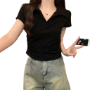 Naisten crop top -polo V-pääntiellä ja kauluksella Yksivärinen puuvillapaita Lyhyt moderni leikkaus naisille 4