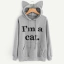 Naisten huppari kissankorvilla hupussa Teksti I'm a cat Kengurupocket Kiristysnauha Pitkät hihat Ribbausmateriaali Puuvilla 3