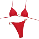 Naisten kaksiosainen bikini, jossa metalliset kultaiset soljet. Kolmiomainen yläosa ja leikkaukset alushousuissa. Elegantti uimapuku rannalle ja auringonottoon. 3