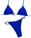 Naisten kaksiosainen bikini, jossa metalliset kultaiset soljet. Kolmiomainen yläosa ja leikkaukset alushousuissa. Elegantti uimapuku rannalle ja auringonottoon. 4