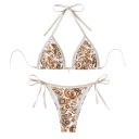 Naisten kaksiosainen bikini kukkakuviolla. Kolmioyläosa ja solmittavat alushousut. Elegantti kesäuimapuku rannalle ja lomalle. 3