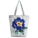 Naisten kangaskassi kukkakuviolla Tilava shoppailulaukku kahdella harmaalla kahvalla ja tasapohjalla 27 x 38 x 11 cm Kangasta ja polyesteriä 11