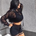 Naisten lyhyt verkkopaita hupulla Läpinäkyvä crop-top pitkillä hihoilla Vapaa malli Kiristysnauha Polyesteriä ja spandexia 2