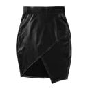 Naisten musta mini hame keinonahasta epäsymmetrisellä käännetyllä helmalla Tiukka kynähame leveällä vyötäröllä ja spandex-sekoitteella 2