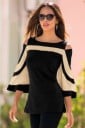 Naisten paita, jossa on levenevät kolmannes-hihoja, aukot olkapäissä, kontrastiväriset raidat, pyöreä pääntie, pidempi malli, polyesteri 1