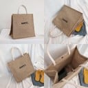 Naisten pellavakassi käsille ja olalle mustalla tekstillä Tilava kassi 35 x 32 x 18 cm Vaaleat kahvat Luonnollinen beige väri 3
