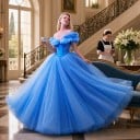 Naisten pitkät juhlapuvut olkapäät paljastavilla ja röyhelöillä, takana nauhoitus ja kerroksellinen hame prinsessatyylillä 9