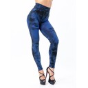 Naisten push-up-leggingsit farkkukuviolla, korkea vyötärö, farkkuefekti, muotoilevat leggingsit, mukavat elastiset housut vapaa-aikaan 3