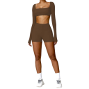 Naisten shortsi- ja pitkähihainen crop top -setti, yksivärinen, spandex, nylon 8