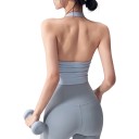 Naisten urheilullinen crop-top kaula-aukolla, pyöreällä pääntiellä ja avoimilla selkäosilla, rypytetyillä sivuilla, tiukassa 12
