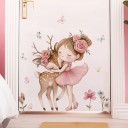 Naklejka ścienna 43 x 45 cm PVC Rysunkowa dziewczyna i jeleń Dekoracja na ścianę do pokoju dziecięcego Sypialnia Zmywalna ozdoba 2