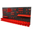 Nástěnný organizér na nářadí a spojovací materiál s panely háčky a 30 boxy o rozměrech 172 x 77,5 x 17 cm v černočerveném provedení 1