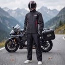 Nepromokawy komplet motocyklowy: kurtka i spodnie Kurtka z wysokim kołnierzem i elastycznymi mankietami Proste spodnie Czarny z szarymi 8