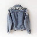 Női farmerdzseki gyöngyökkel és kövekkel díszített vállakkal Klasszikus fazon zsebekkel Gombos záródás Kék Pamut 2