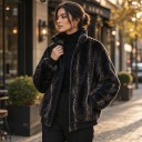 Női fleece dzseki állógallérral cipzárral fekete bolyhos dzseki szürke hullámos mintával és bordázott mandzsettákkal és alsó szegéllyel 3