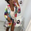 Női hosszított cipzáros pulóver kapucnival Színes spray mintás Elülső zsebek és húzózsinórok Poliészter és spandex 3