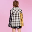 Női pamut hosszú ujjú Patchwork blúz sárga és fekete-fehér kockás mintával Laza oversize szabás Zsebes kialakítás Modern stílus 4