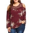 Női plus size blúz virágmintával és csipkés nyakkal Vállkivágások Hosszú laza ujjú Kerek nyakkivágás Poliészter 1