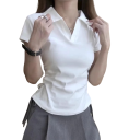 Női poló crop top V-kivágással és gallérral Egyszínű pamut póló Rövid modern szabás nőknek 5