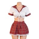 Női szexi cosplay jelmez fehér crop top matrózgallérral és megkötéssel, valamint piros kockás rakott mini szoknya csipkés szegéllyel 6