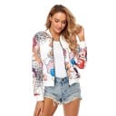 Női tavaszi bomber dzseki képregény mintával pop art stílusban Fehér színes motívumokkal Hosszú ujjú Rövidebb fazon Cipzáros záródás Poliészter 3