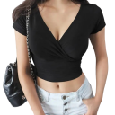 Női V-nyakú crop póló Rövid, feszes felső Elegáns rövid ujjú lezser póló Fitness nyári ruházat 2