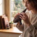 Ocarină din argilă violetă cu 12 orificii, acordaj Alt G, 21,5 x 12,5 x 6 cm, ardere fumurie, culoare maro, instrument muzical realizat manual 4
