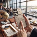 Odolný hát Samsung Galaxy A35 5G Cestovatási motívum térképek és repülőgépek Ultra vékony Matt szürke felület Fekete rajz Kamerakeret 4
