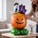 Opblaasbare pompoen met geest en huisje Staande ballon Halloween decoratie 62 x 111 cm Oranje met groene voet Partydecoratie 3