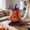 Opblaasbare pompoen met ogen en een heksenhoed Op een voetstuk met spinnenweb Oranje, paars en zwart Halloween decoratie 5