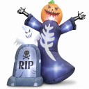 Oppustelig Halloween dekoration Græskarhoved med spøgelse og gravsten Højde 2,4 m Med belysning EU stik Orange og sort Til haven 2