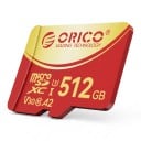 ORICO Micro SD 512 GB MicroSDXC Læsning 180 MB/s Skrivning 160 MB/s U3 V30 Klasse 10 Rød og guld Til optagelse af 4K UHD video 1