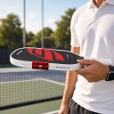 Pá de pickleball alongada Espessura 16 mm Alta controlo de rotação Escura com padrão vermelho e borda branca Para treino e torneios 5