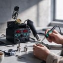 Pájecí stanice 2v1 s horkovzdušnou pistolí 775 W, hroty T12, LED displej, 220 V EU, černá, pro pájení a opravy SMD elektroniky 2