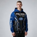 Pánská mikina na zip s kapucí a dlouhým rukávem s celoplošným potiskem ostrých linií v motorkářském závodním stylu černomodrá 2