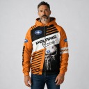 Pánská mikina na zip s kapucí a dlouhým rukávem s potiskem lebky a černých pruhů na přední straně v motorkářském stylu oranžová 3