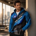 Pánská mikina na zip s kapucí a stahovací šňůrkou s potiskem šikmých pruhů a geometrických čar v motokrosovém stylu světle modrá 4