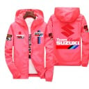Pánská větrovka s kapucí a celopropínacím zipem s velkým týmovým motivem a barevnými pruhy na zádech v motocyklovém stylu 10