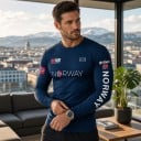 Pánské přiléhavé kompresní triko s dlouhým rukávem a elastickým střihem s potiskem Norway a norskými vlajkami na hrudi i rukávech 6