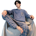 Pánské pyžamo dlouhý rukáv a kostkované kalhoty O výstřih Polyester Spandex Modré pohodlné pyžamo s kapsičkou 3